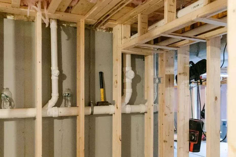 Basement framing against concrete walls with white PVC plumbing lines, sledgehammer and water bottles on studs